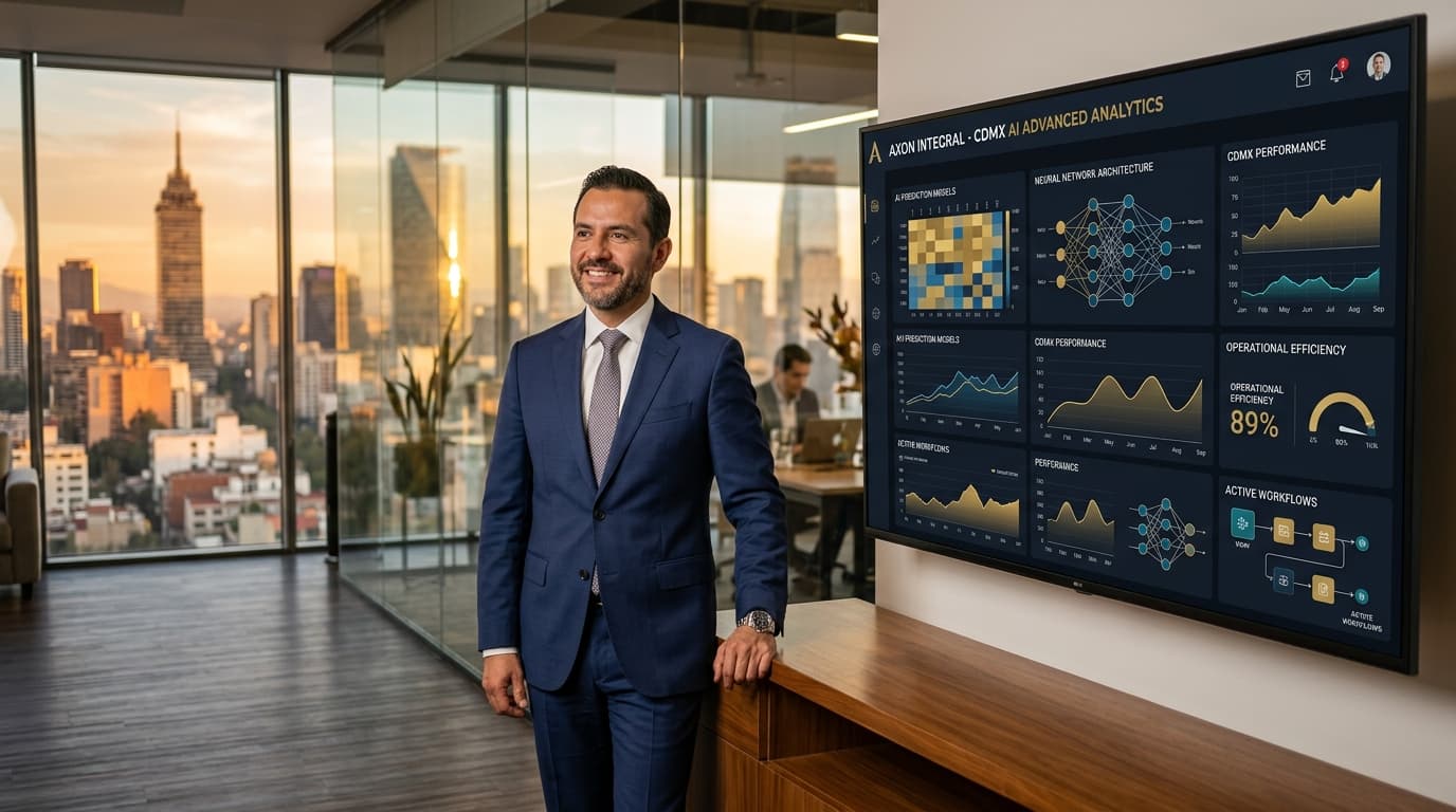 Ejecutivo utilizando dashboards de Inteligencia Artificial en su operación empresarial